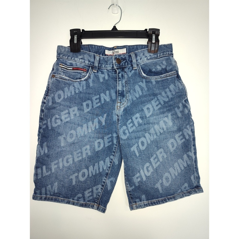 Tommy Hilfiger Denim Mens Blue All Over Logo Print Jean Shorts Size 29